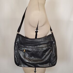 Vintage SAS Women Bag Black Leather 14" X 9" Adjustable Shoulder Crossbody Strap